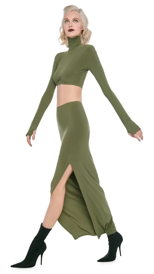 Norma Kamali Bottoms SIDE SLIT LONG SKIRT Military 8211 Clothing