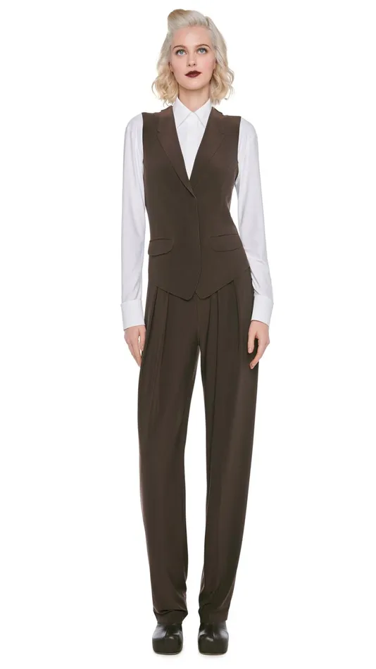 Norma Kamali Bottoms TAPERED PLEATED TROUSER Chocolate 8211 Clothing