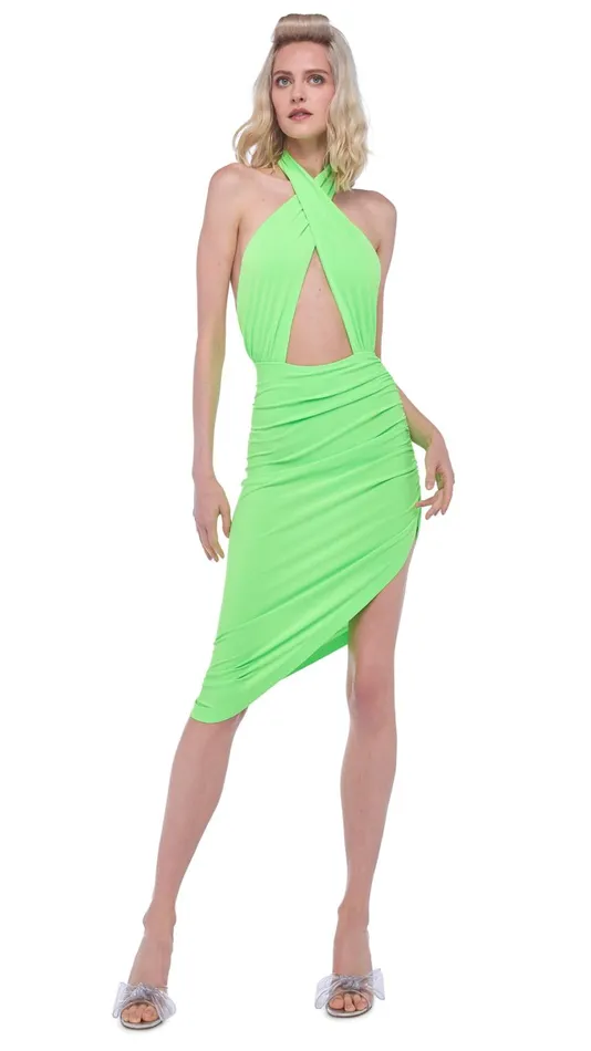 Norma Kamali Dresses CROSS HALTER DRAPE DRESS Neon Green 8211 Clothing