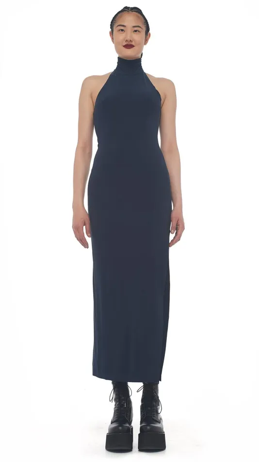 Norma Kamali Dresses HALTER TURTLE SIDE SLIT GOWN Pewter 8211 Clothing