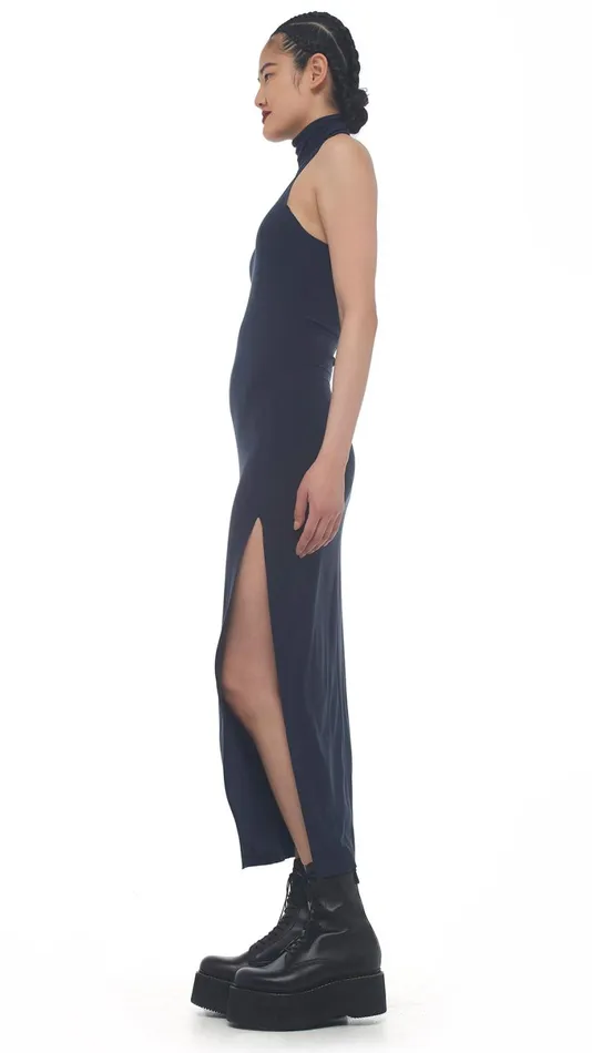 Norma Kamali Dresses HALTER TURTLE SIDE SLIT GOWN Pewter 8211 Clothing
