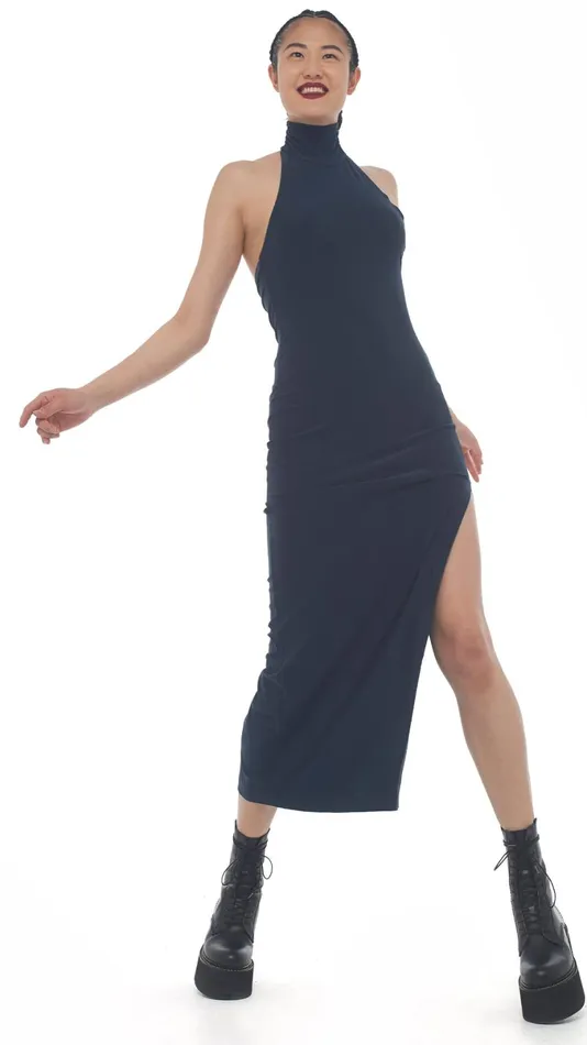Norma Kamali Dresses HALTER TURTLE SIDE SLIT GOWN Pewter 8211 Clothing