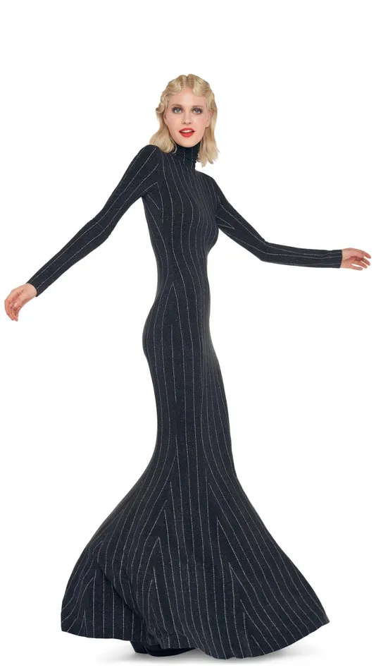 Norma Kamali Dresses LONG SLEEVE TURTLE FISHTAIL GOWN Woven Pinstripe 8211 Clothing Norma Kamali Dresses LONG SLEEVE TURTLE FISHTAIL GOWN Woven Pinstripe 8211 Clothing