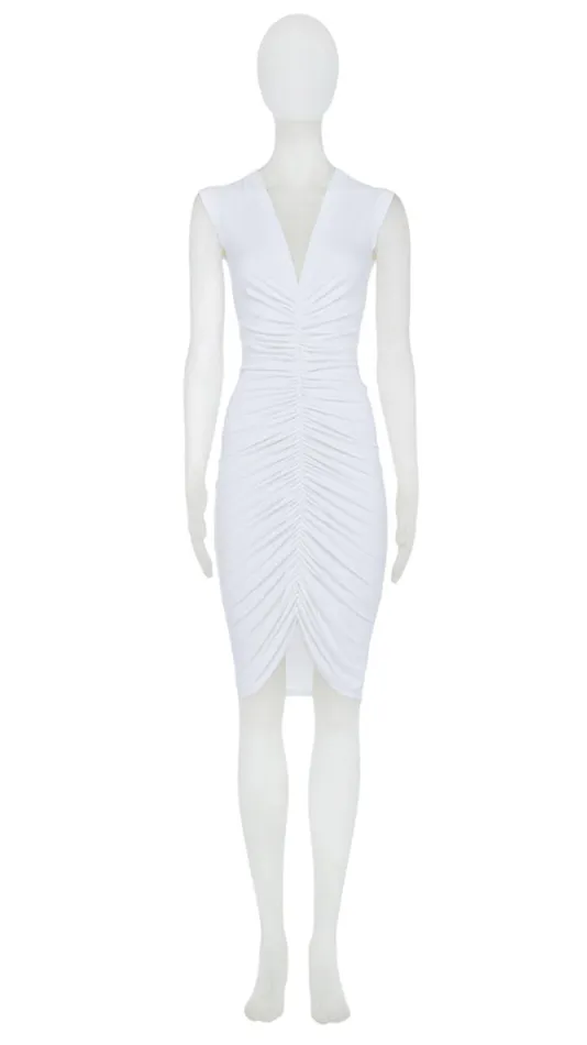 Norma Kamali Dresses SLEEVELESS DEEP V SHIRRED FRONT DRESS Snow White 8211 Clothing Norma Kamali Dresses SLEEVELESS DEEP V SHIRRED FRONT DRESS Snow White 8211 Clothing