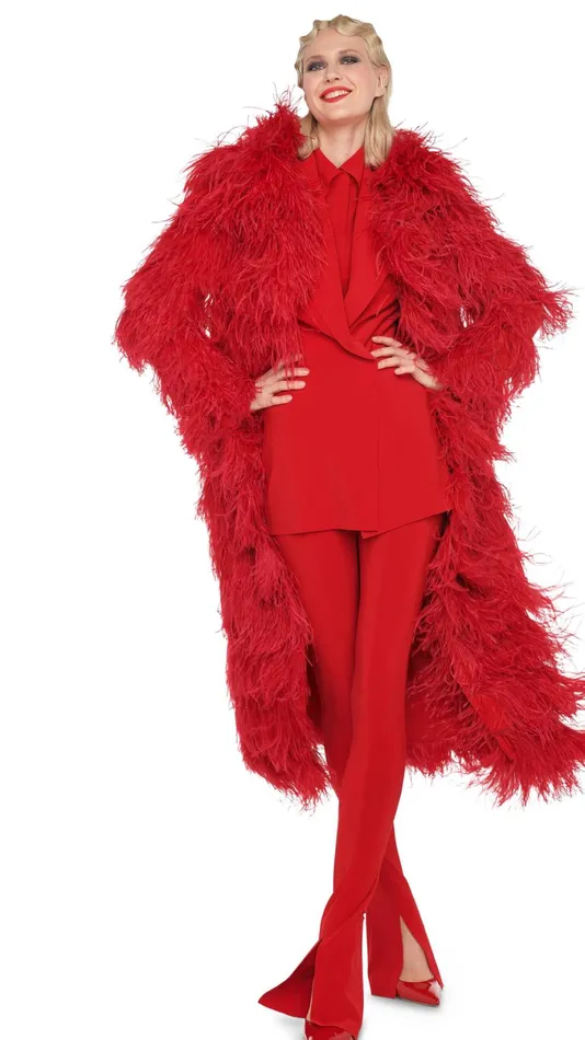 Norma Kamali Jackets ALL OVER FEATHER JACKET Tiger Red 8211 Clothing