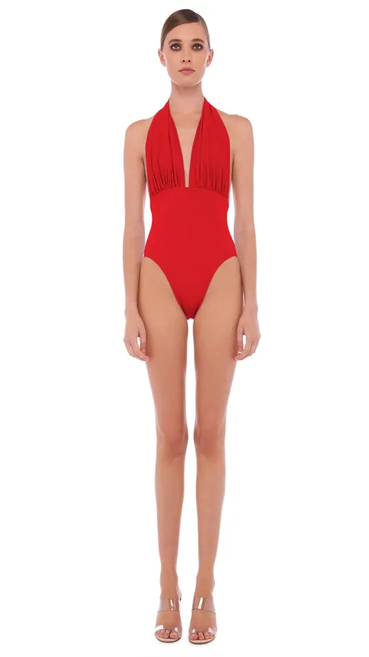 Norma Kamali Swimwear HALTER LOW BACK MIO Tiger Red 8211 Clothing