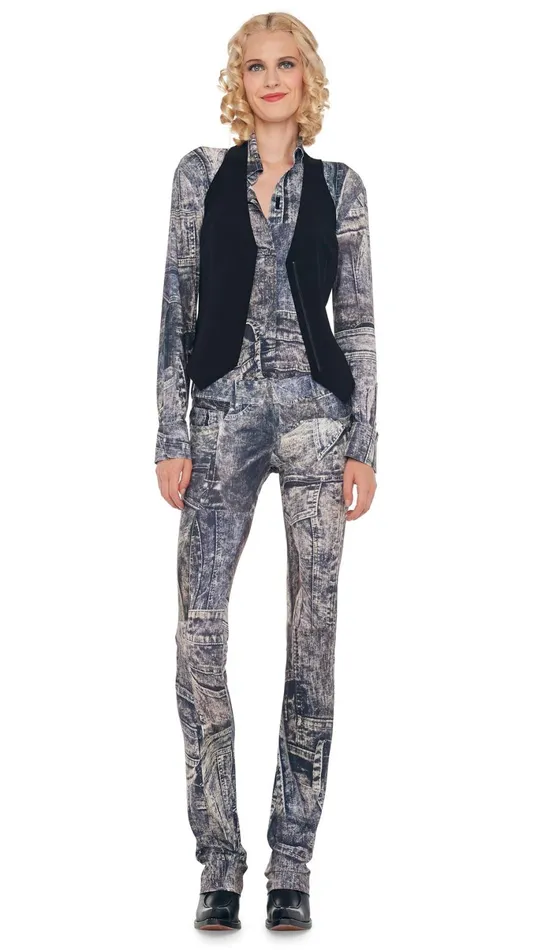 Norma Kamali Tops NK SHIRT W COLLAR STAND Blacknavy Denim Print 8211 Clothing Norma Kamali Tops NK SHIRT W COLLAR STAND Blacknavy Denim Print 8211 Clothing