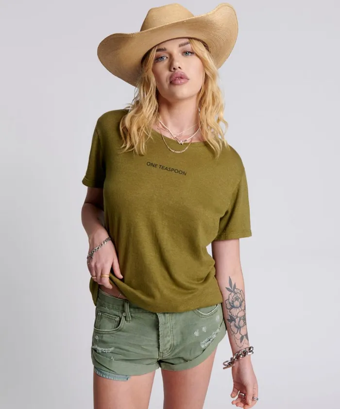 ONE TEASPOON LINEN WIDE NECK TEE KHAKI Women One Teaspoon Tees and Tanks