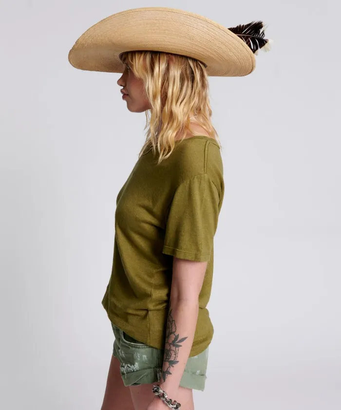 ONE TEASPOON LINEN WIDE NECK TEE KHAKI Women One Teaspoon Tees and Tanks