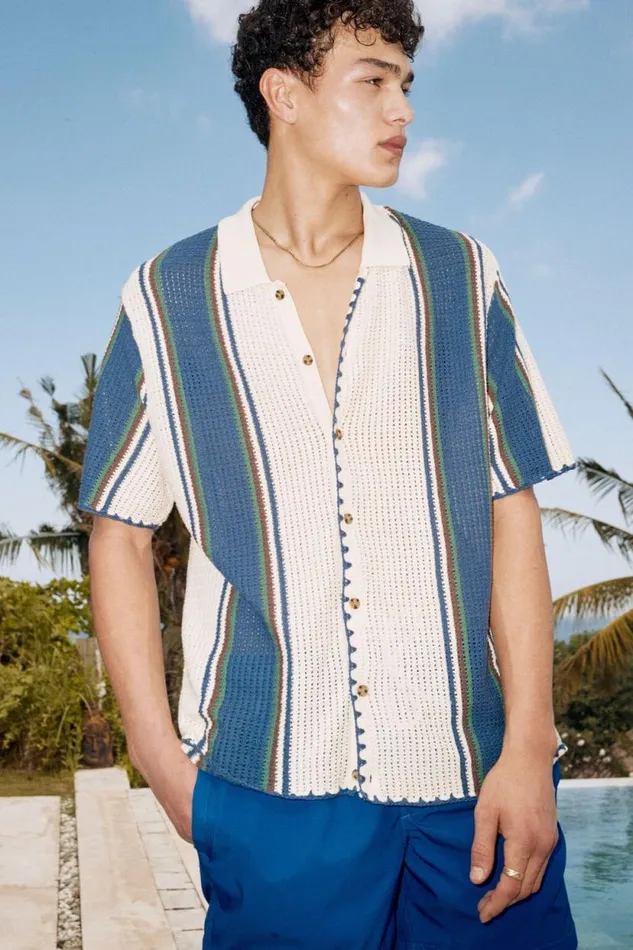 Pablo Short Sleeve Shirt Off White Vert Stripe Men Cotton On Tees and Tanks