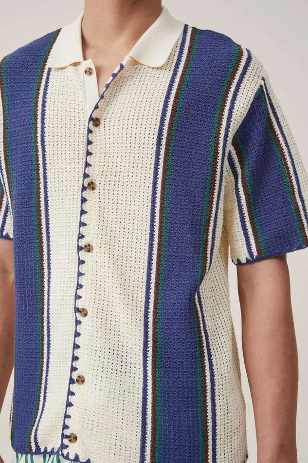 Pablo Short Sleeve Shirt Off White Vert Stripe Men Cotton On Tees and Tanks