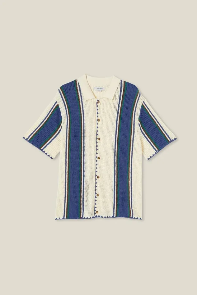 Pablo Short Sleeve Shirt Off White Vert Stripe Men Cotton On Tees and Tanks