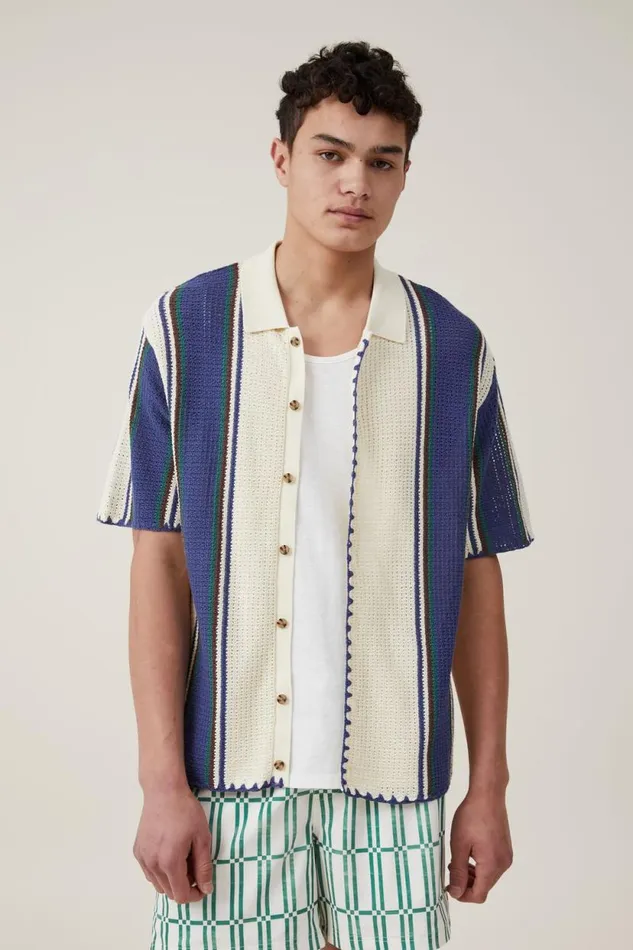 Pablo Short Sleeve Shirt Off White Vert Stripe Men Cotton On Tees and Tanks