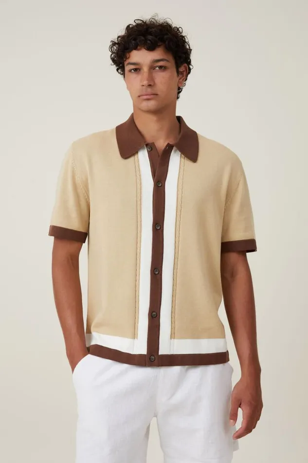 Pablo Short Sleeve Shirt Tan Cable Border Men Cotton On Shirts and Polos