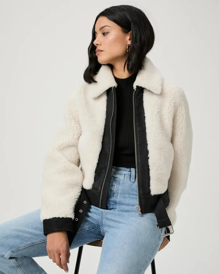 PAIGE Jackets and Coats Women Rhone Jacket 8211 EcruBlack Suede PAIGE Jackets and Coats Women Rhone Jacket 8211 EcruBlack Suede