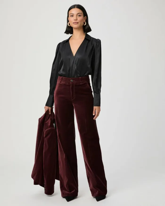 PAIGE Pants Women Sasha Wide Leg Pant 8211 Dark Oxblood Velvet