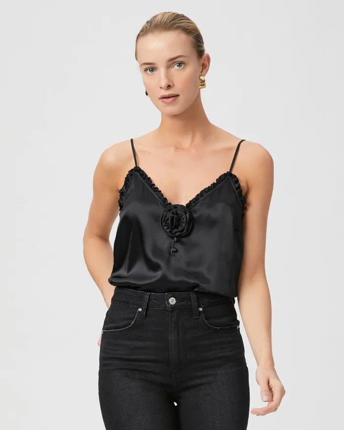 PAIGE Tops and Blouses Women Reina Cami Rosette 8211 Black Silk Satin