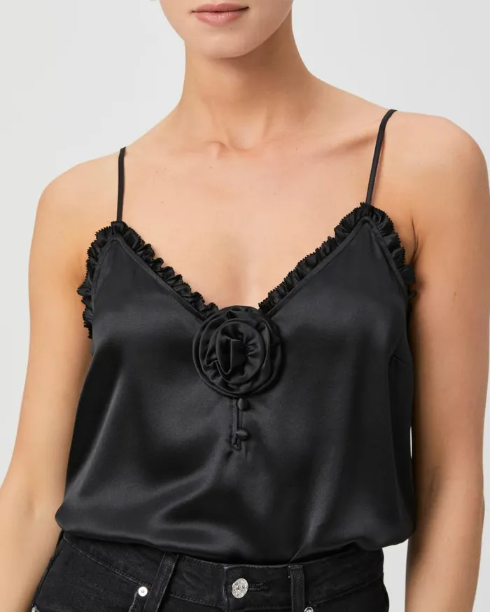 PAIGE Tops and Blouses Women Reina Cami Rosette 8211 Black Silk Satin PAIGE Tops and Blouses Women Reina Cami Rosette 8211 Black Silk Satin
