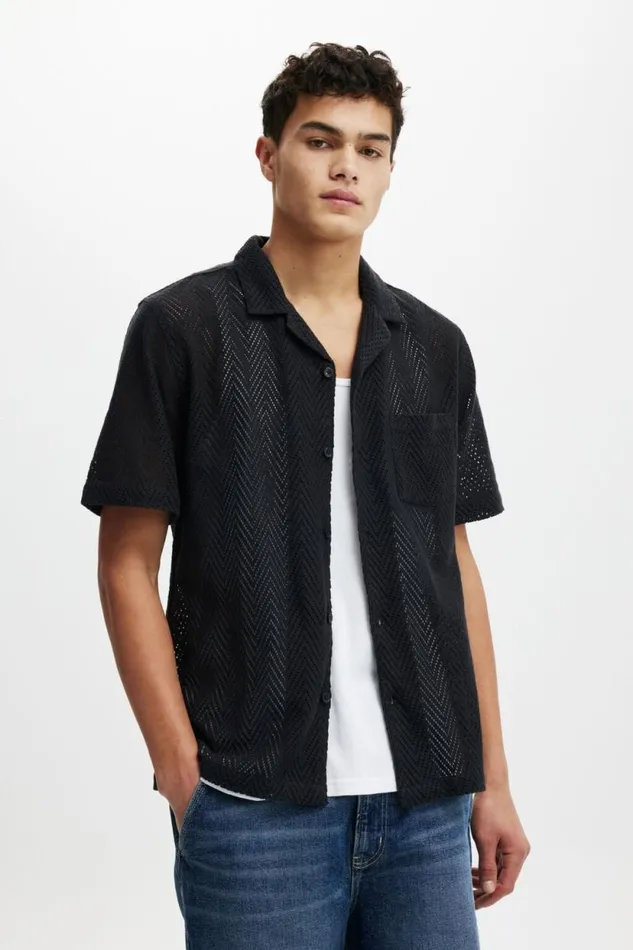Palma Short Sleeve Shirt Black Chevron Men Cotton On Shirts and Polos