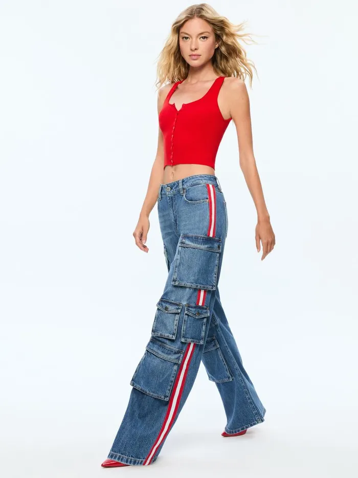 Pants Women Alice Olivia OLYMPIA MID RISE BAGGY CARGO JEAN WITH SIDE STRIPE Avery Bluebright Ruby