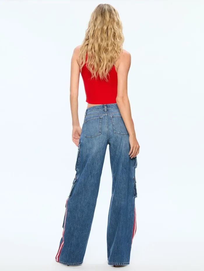 Pants Women Alice Olivia OLYMPIA MID RISE BAGGY CARGO JEAN WITH SIDE STRIPE Avery Bluebright Ruby