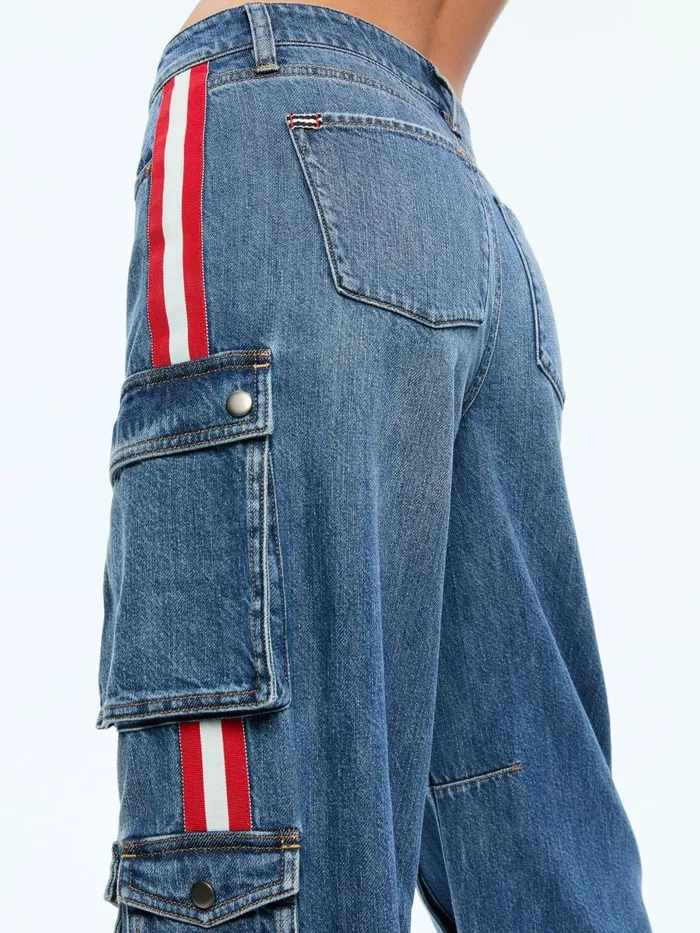 Pants Women Alice Olivia OLYMPIA MID RISE BAGGY CARGO JEAN WITH SIDE STRIPE Avery Bluebright Ruby
