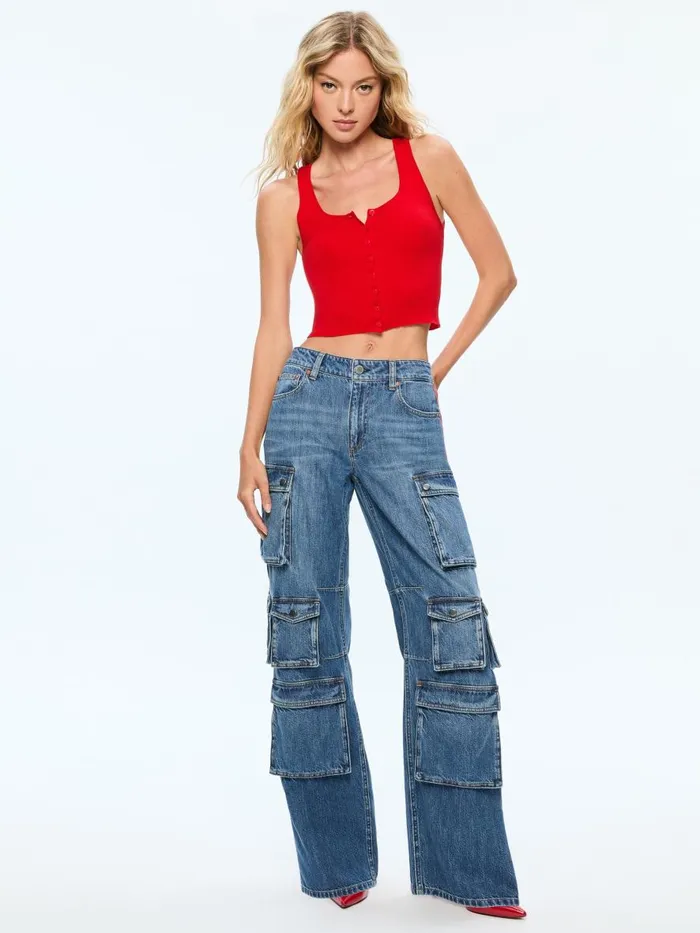 Pants Women Alice Olivia OLYMPIA MID RISE BAGGY CARGO JEAN WITH SIDE STRIPE Avery Bluebright Ruby
