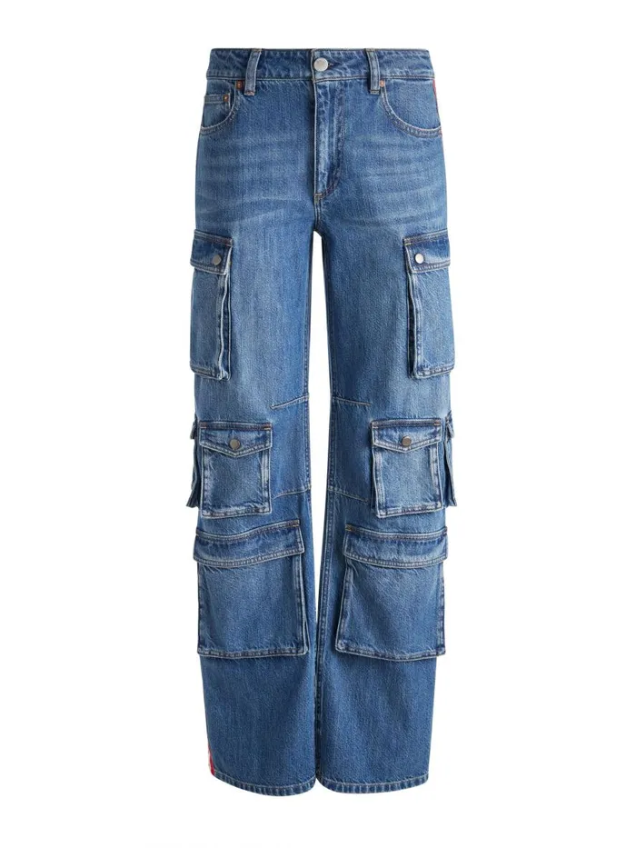 Pants Women Alice Olivia OLYMPIA MID RISE BAGGY CARGO JEAN WITH SIDE STRIPE Avery Bluebright Ruby