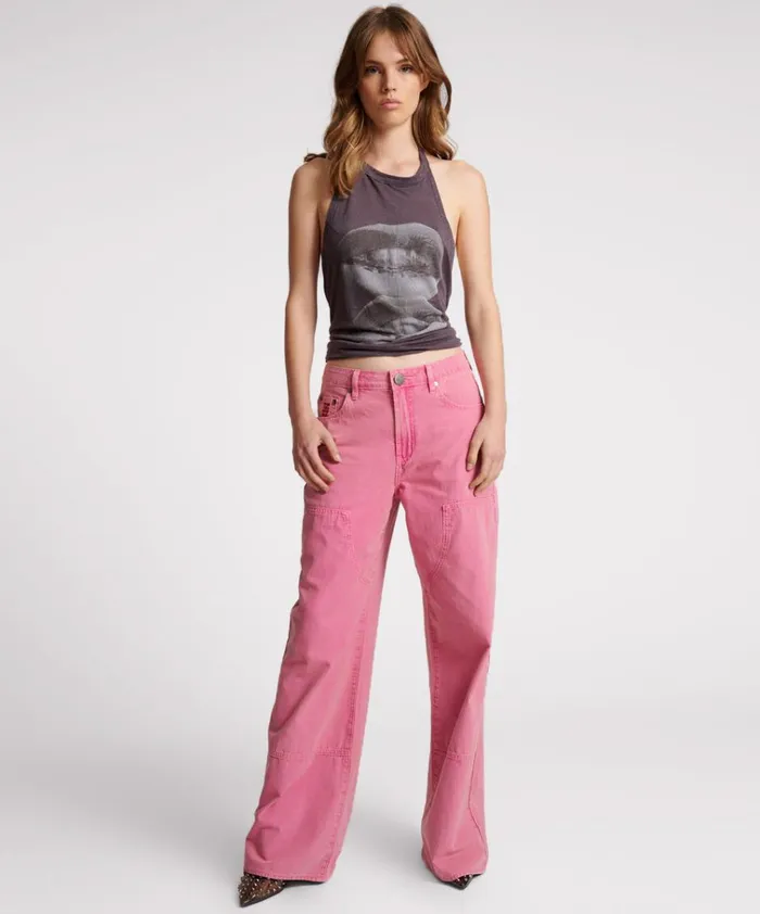 PINK FLAMBE CANVAS JACKSON MID WAIST WIDE LEG PANT Women One Teaspoon Bottoms