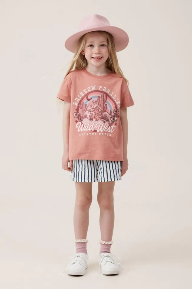 Poppy Short Sleeve Print Tee Clay Pigeonwild West Girls Cotton On Tops and TShirts