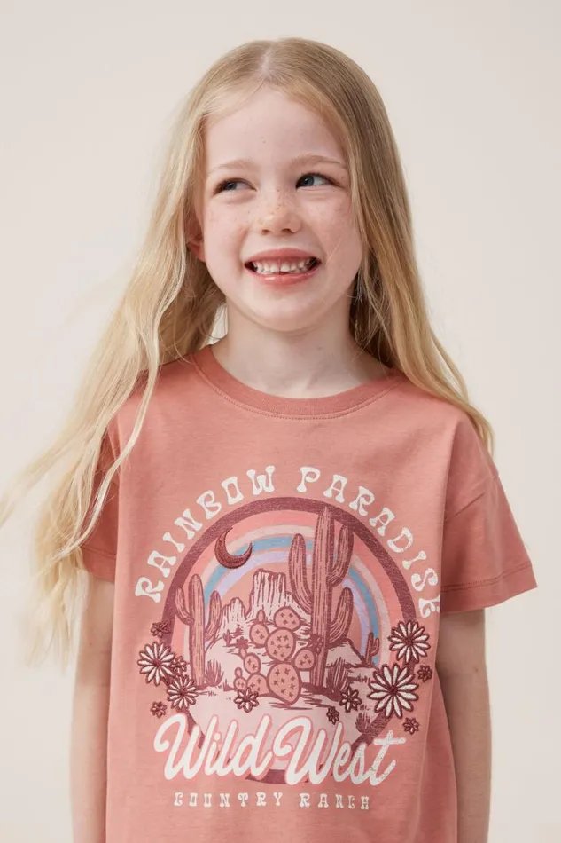 Poppy Short Sleeve Print Tee Clay Pigeonwild West Girls Cotton On Tops and TShirts