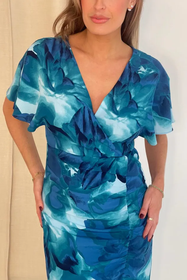 Priscilla Wrap Over Ruched Detail Midi Dress Blue Abstract Women Girl In Mind Midi Dresses