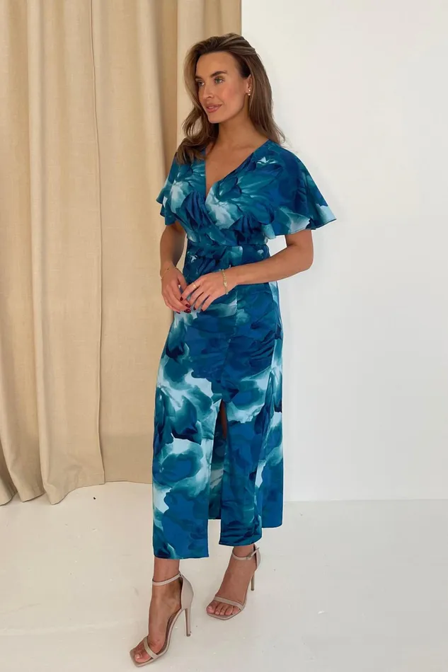 Priscilla Wrap Over Ruched Detail Midi Dress Blue Abstract Women Girl In Mind Midi Dresses
