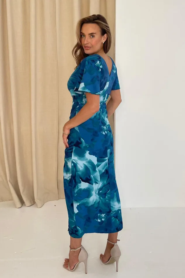 Priscilla Wrap Over Ruched Detail Midi Dress Blue Abstract Women Girl In Mind Midi Dresses
