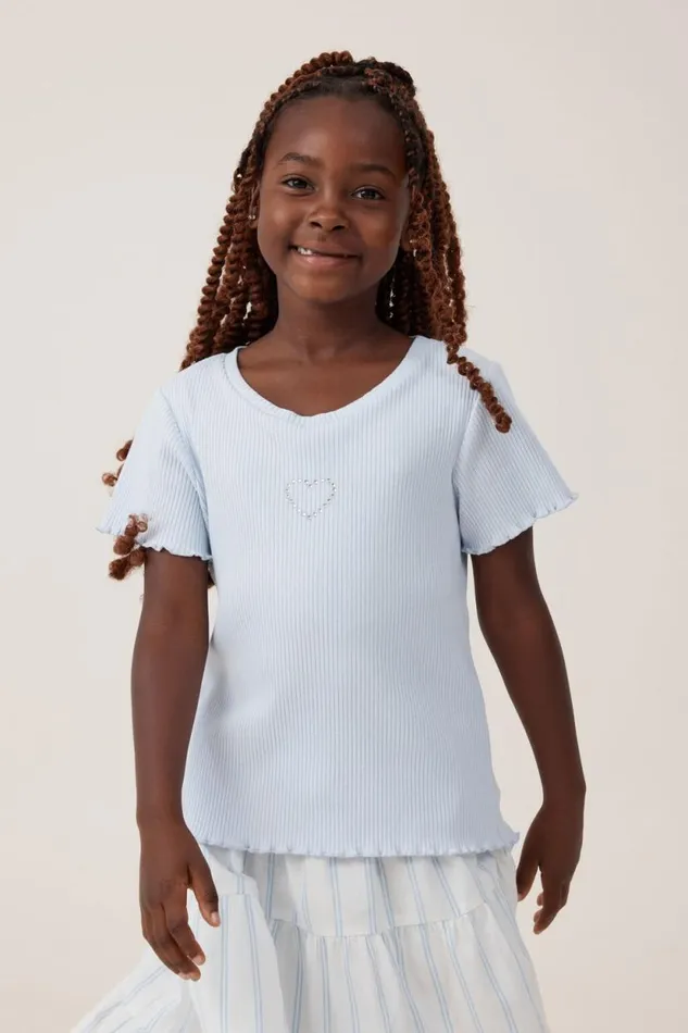 Raya Rib Baby Tee Morning Blueheart Diamontes Girls Cotton On Tops and TShirts
