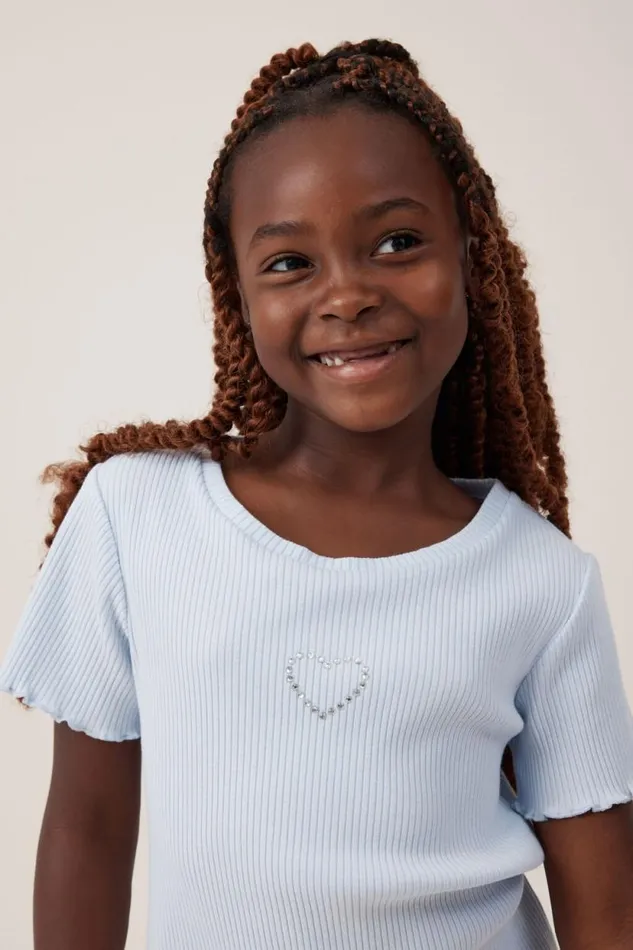 Raya Rib Baby Tee Morning Blueheart Diamontes Girls Cotton On Tops and TShirts