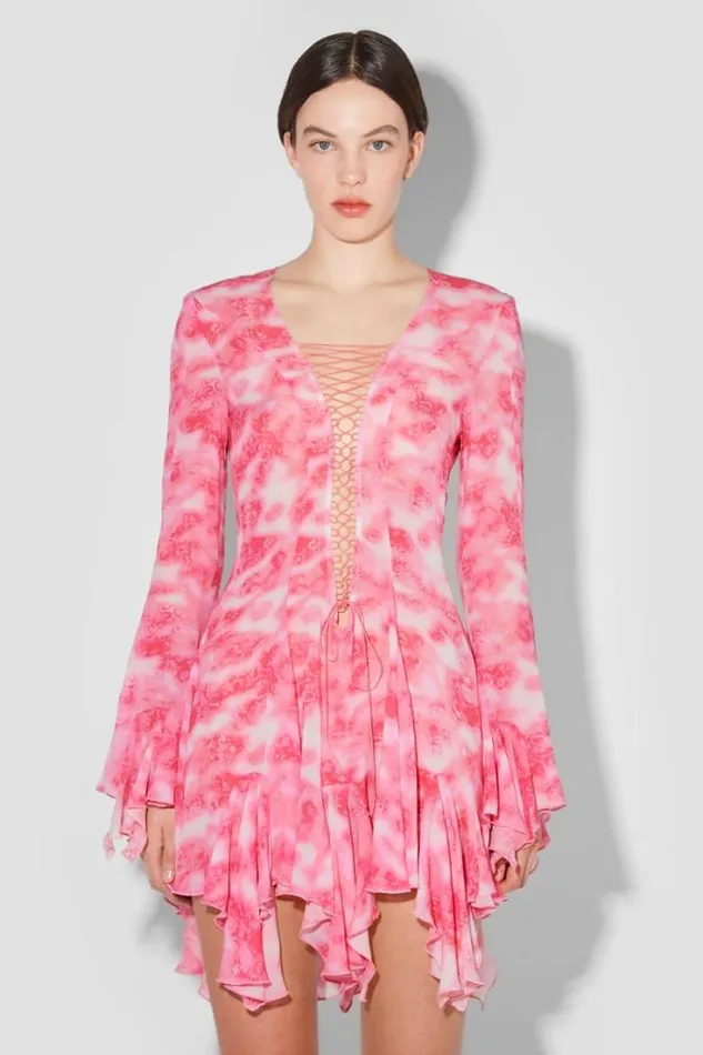 Recycled Viscose Chiffon Lace Mini Dress Pink Women MISBHV Dresses