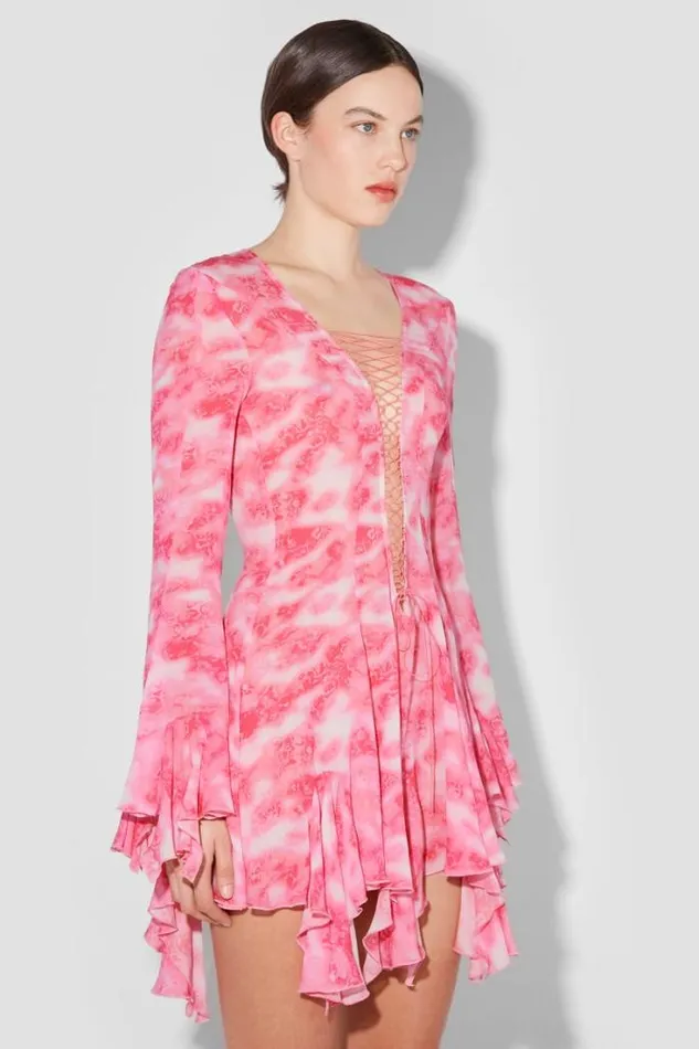 Recycled Viscose Chiffon Lace Mini Dress Pink Women MISBHV Dresses