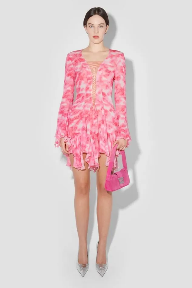Recycled Viscose Chiffon Lace Mini Dress Pink Women MISBHV Dresses
