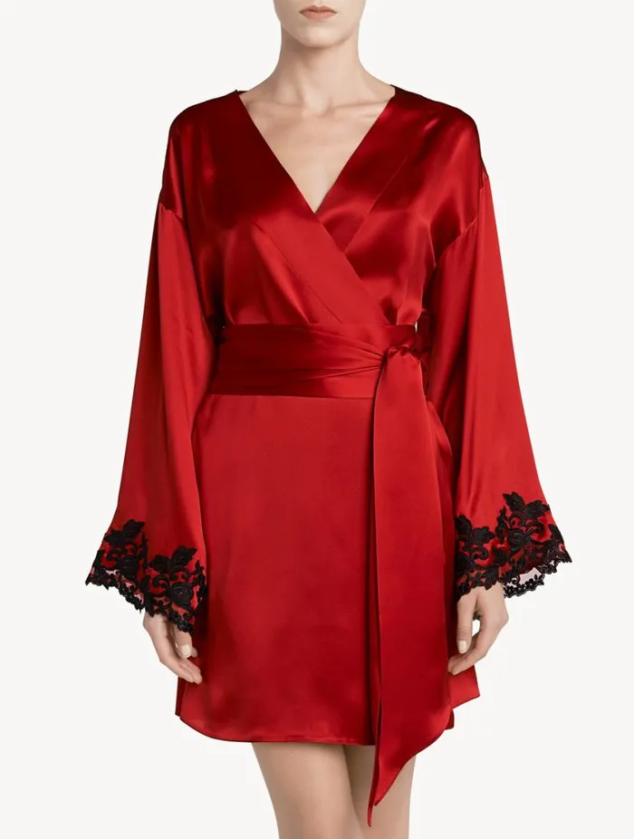 Red Silk Satin Short Robe With Frastaglio Sleepwear La Perla Robes
