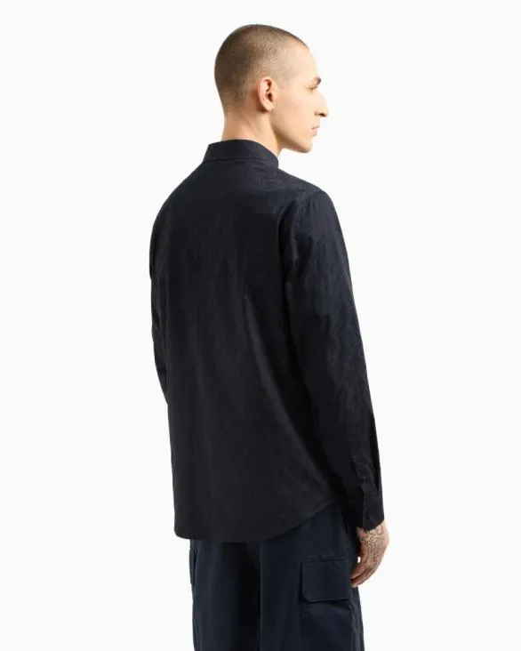 Regular Fit Cotton Shirt With Allover Logo In Tone Navyblue Men Armani Shirts