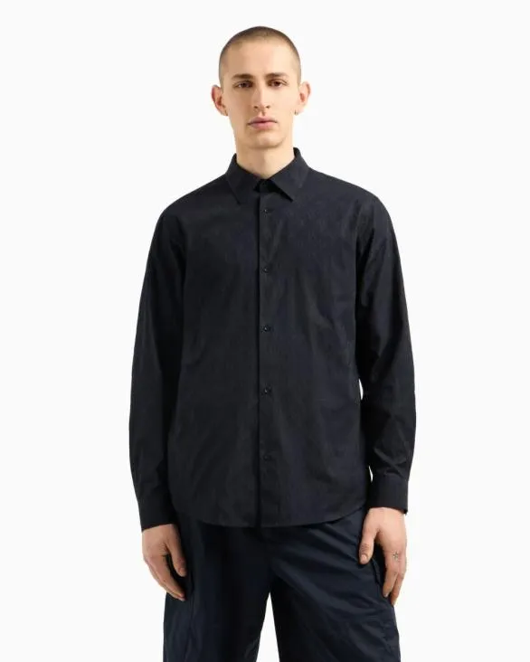 Regular Fit Cotton Shirt With Allover Logo In Tone Navyblue Men Armani Shirts