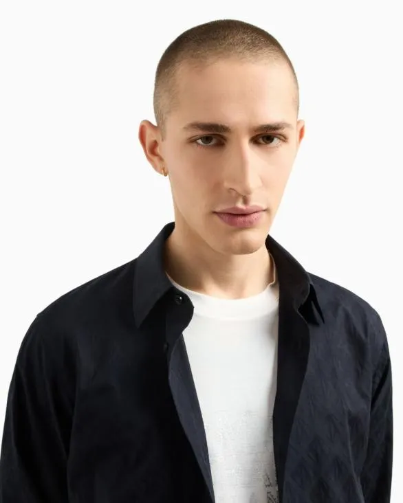 Regular Fit Cotton Shirt With Allover Logo In Tone Navyblue Men Armani Shirts