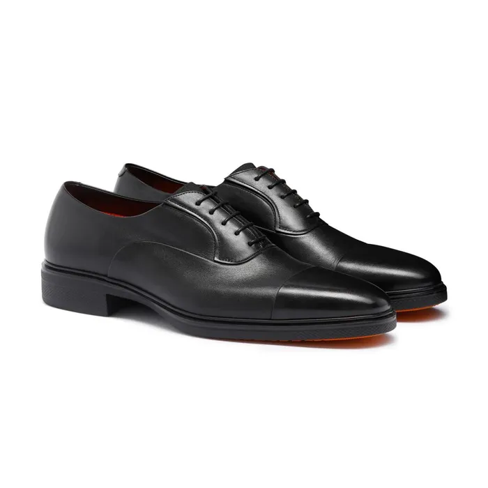 Santoni Black Leather Easy LaceUp Men LaceUps