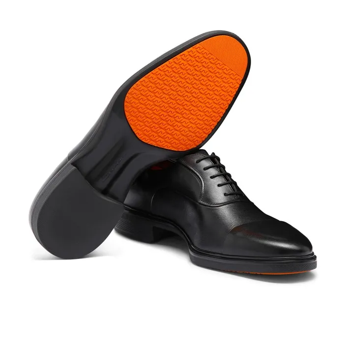 Santoni Black Leather Easy LaceUp Men LaceUps
