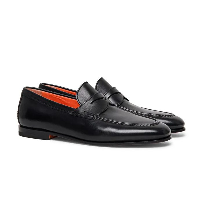 Santoni Black Leather Penny Loafer Men Loafers