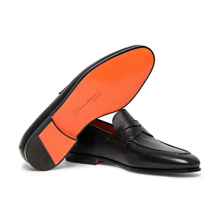 Santoni Black Leather Penny Loafer Men Loafers