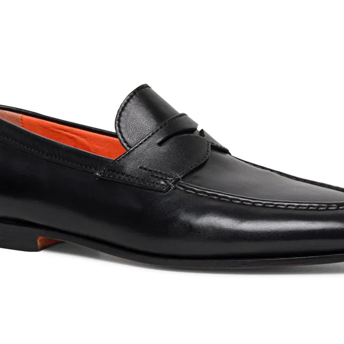 Santoni Black Leather Penny Loafer Men Loafers