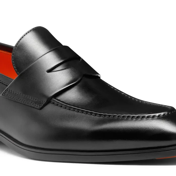 Santoni Black Leather Penny Loafer Men Loafers