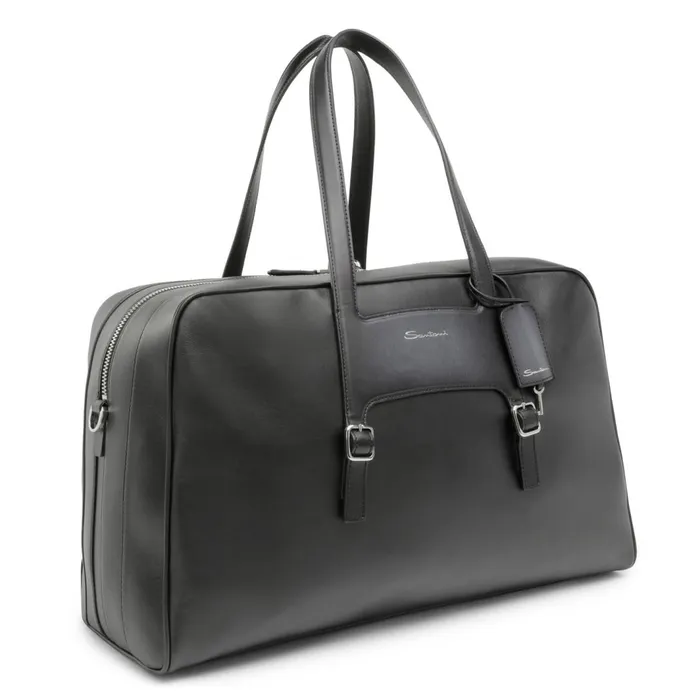 Santoni Black Leather Weekend Bag Men Bags and Backpacks